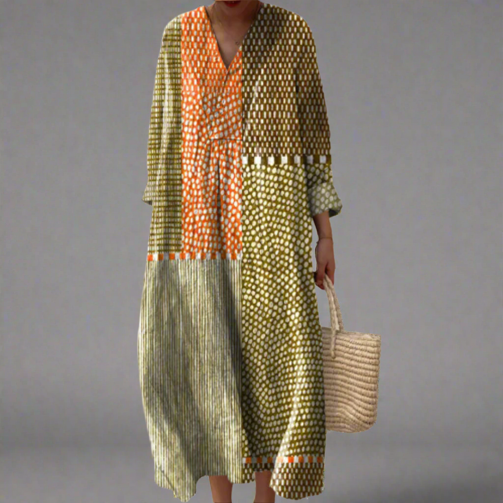 Vivienne™ | Earth-Toned Patchwork Polka Dot Midi Dress