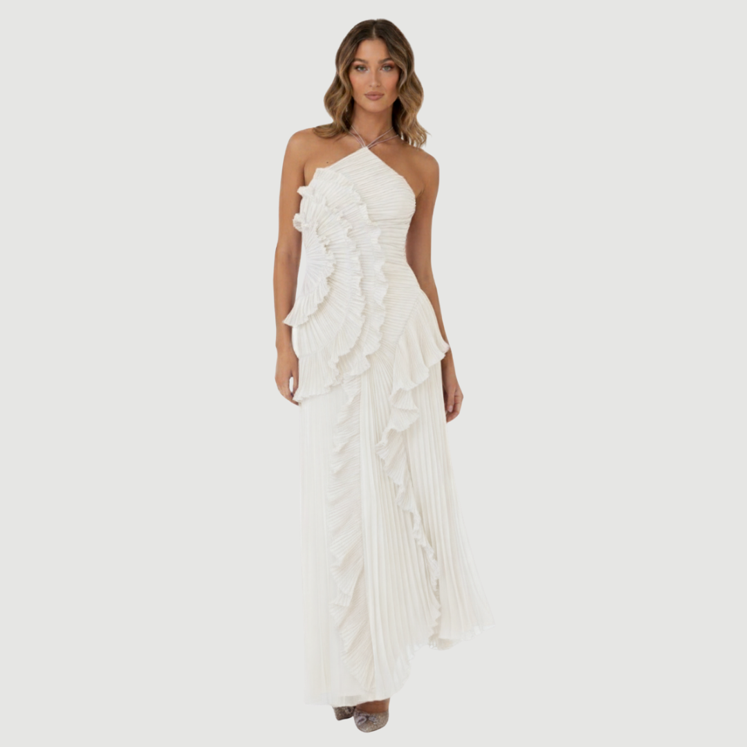 Belinda Pleated Ruffle Maxi Dress – Lightweight Chiffon Evening Style - Asvori Melbourne
