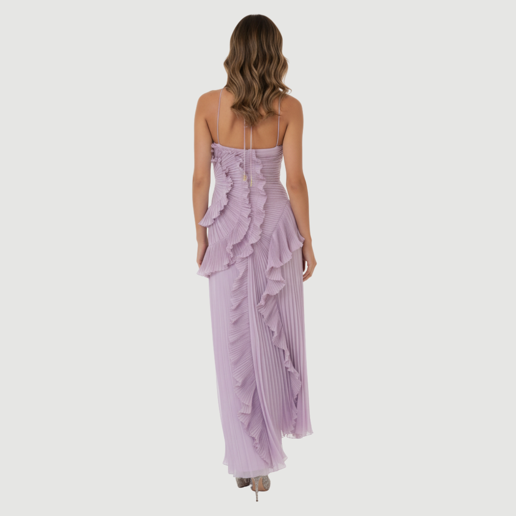 Belinda Pleated Ruffle Maxi Dress – Lightweight Chiffon Evening Style - Asvori Melbourne