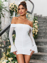 Off Shoulder Flounce Sleeve Ruched Mesh Bodycon Dress