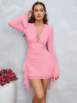 Crisscross Lace Up Bell Sleeve Mesh Bodycon Dress