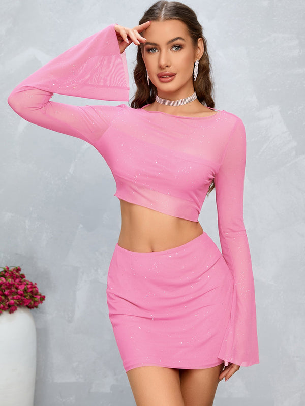 See Through Trumpet Sleeve Sequin Mesh Crop Top & Skirt