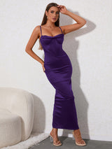 Boning Underwire Draped Collar Split Backless Satin Cami Dress