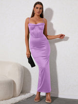 Boning Underwire Draped Collar Split Backless Satin Cami Dress