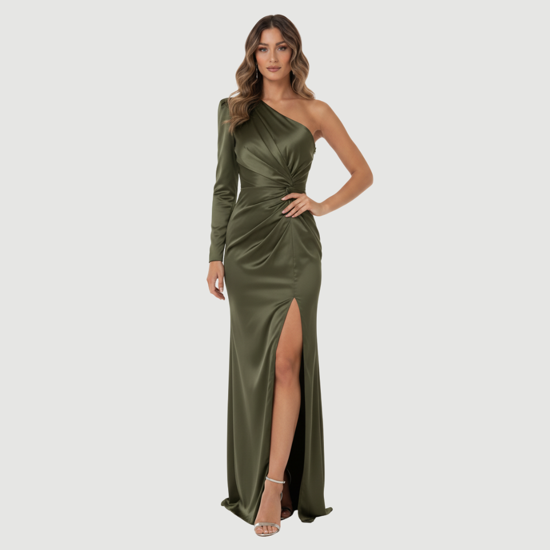 Carmen Elegant Evening Dress – Satin-Inspired Silhouette With Draped Detail - Asvori Melbourne