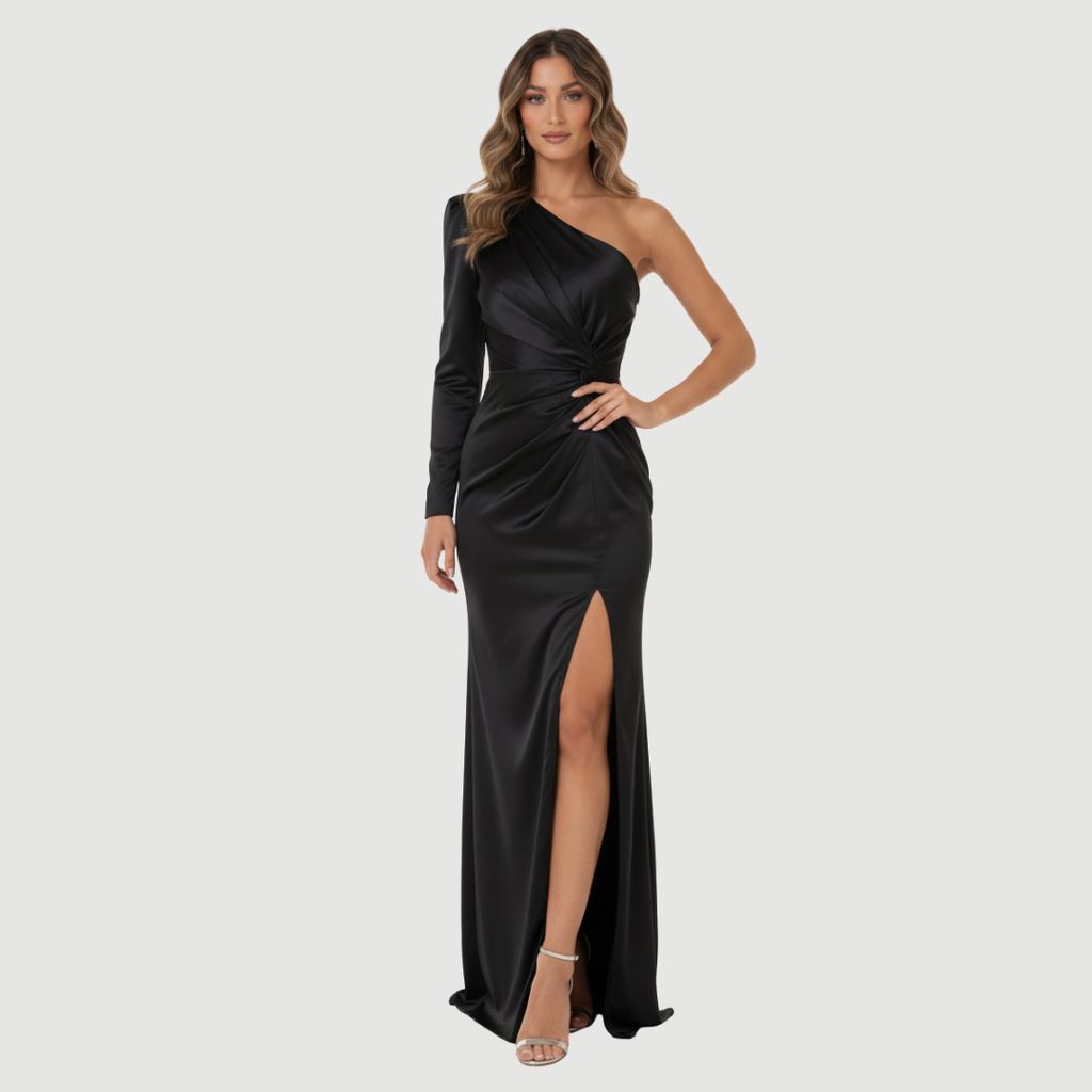 Carmen Elegant Evening Dress – Satin-Inspired Silhouette With Draped Detail - Asvori Melbourne