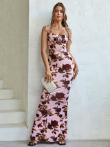 Tie Shoulder Fishtail Hem Floral Print Prom Dress