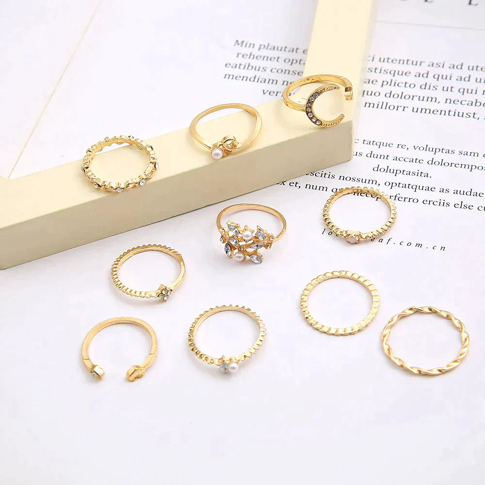Set of 10 Bohemian Silver and Gold Rings