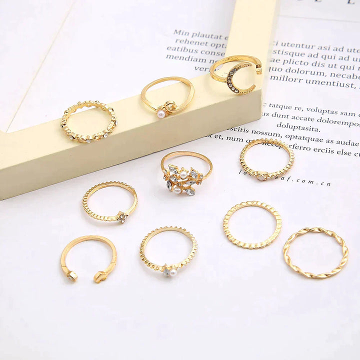 Set of 10 Bohemian Silver and Gold Rings