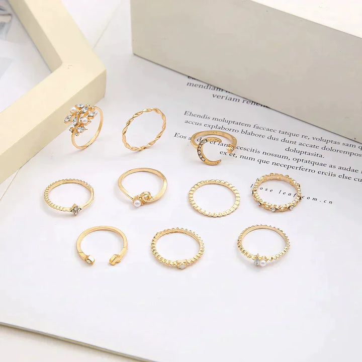 Set of 10 Bohemian Silver and Gold Rings