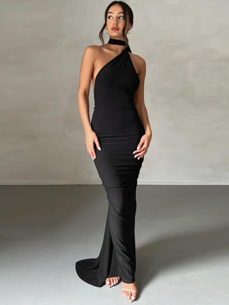 O-ring Backless Halter Neck Bodycon Maxi Dress