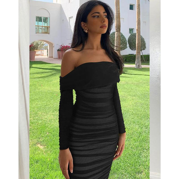 Ruffle Long Sleeve Off Shoulder Midi Dress