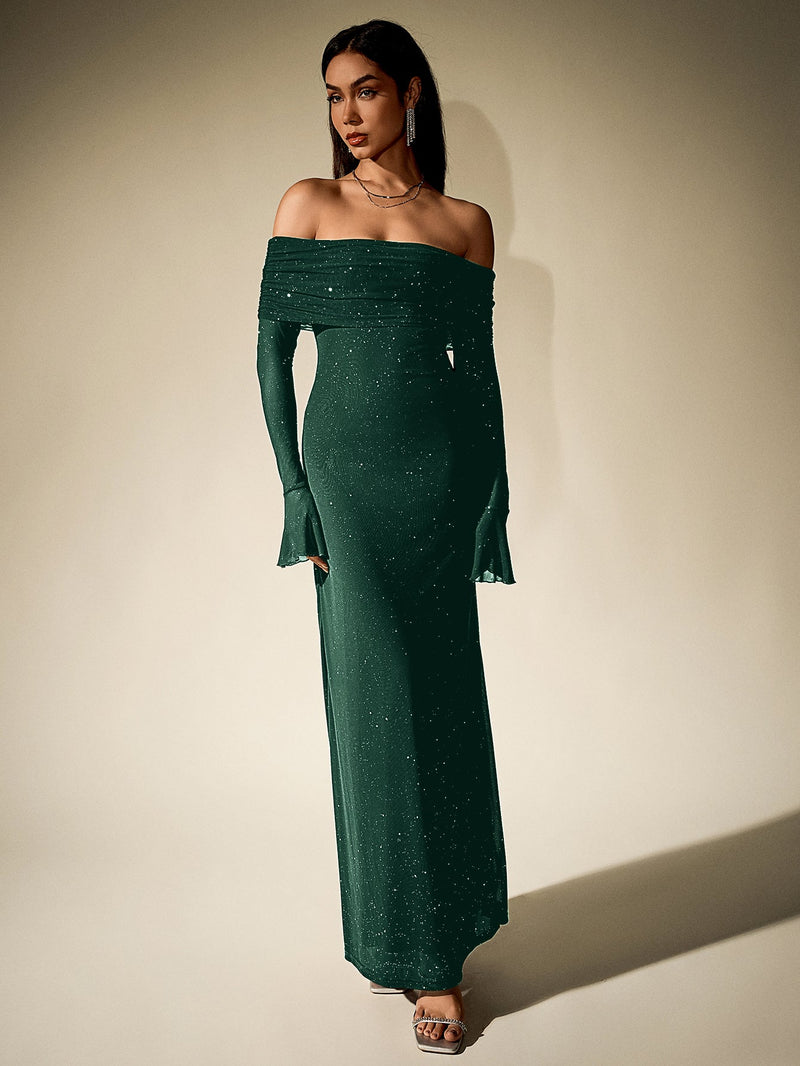 Off Shoulder Flounce Sleeve Mesh Sequin Dress