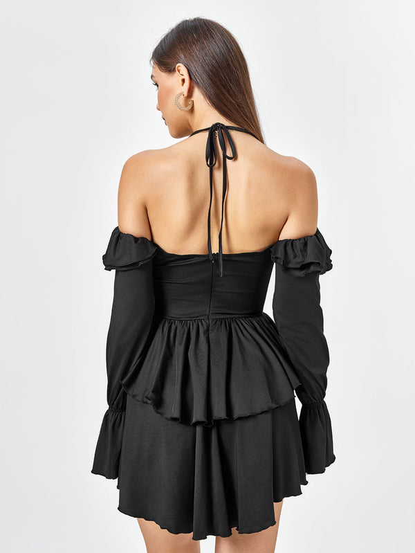 Off Shoulder Halter Ruffle Tiered Dress