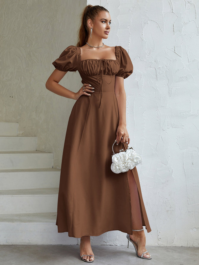 Puff Sleeve Tie Front Off Shoulder Slit Thigh Dress