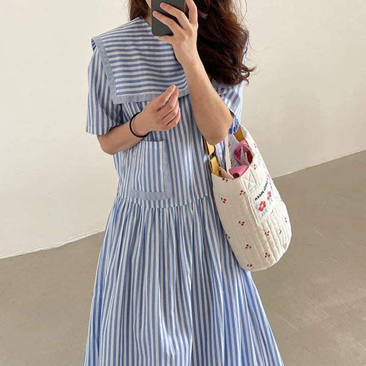 Jeena™ | Korean Blue Striped Long Dress
