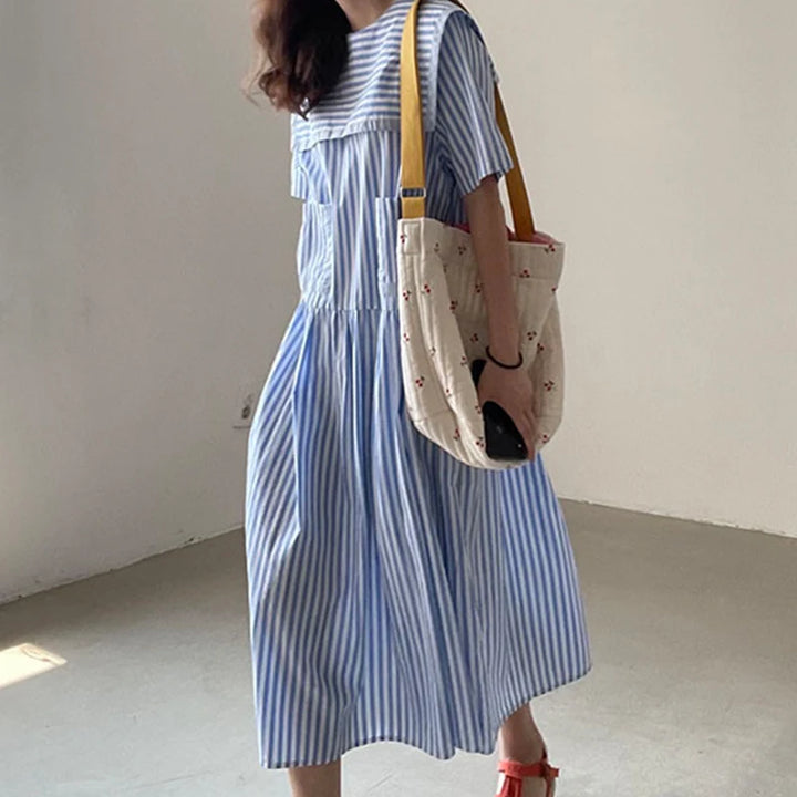 Jeena™ | Korean Blue Striped Long Dress
