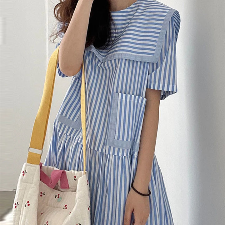 Jeena™ | Korean Blue Striped Long Dress