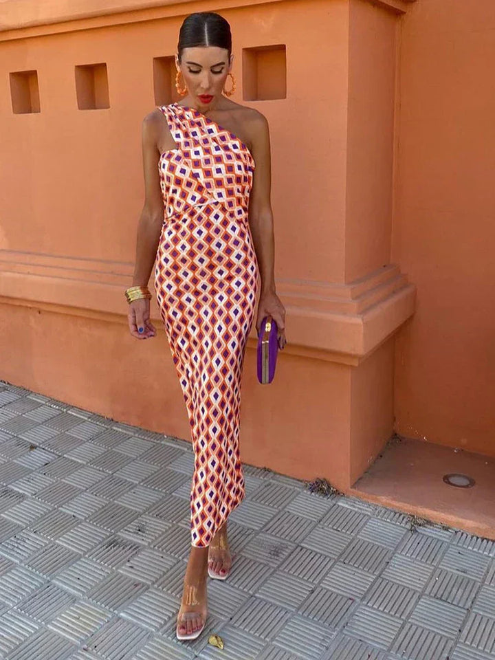 Irmgardi - Colorful Asymmetric Neckline Dress