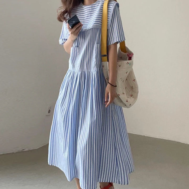 Jeena™ | Korean Blue Striped Long Dress