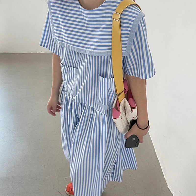Jeena™ | Korean Blue Striped Long Dress