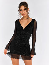 Sparkly Deep V-line Flounce Sleeve Mesh Dress