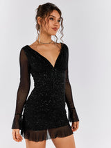 Sparkly Deep V-line Flounce Sleeve Mesh Dress