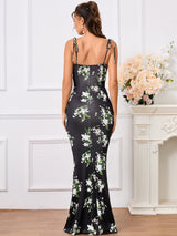 Tie Shoulder Fishtail Hem Floral Print Prom Dress