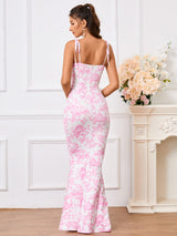 Tie Shoulder Fishtail Hem Floral Print Prom Dress