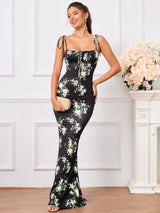 Tie Shoulder Fishtail Hem Floral Print Prom Dress