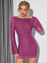 Tie Backless Draped Detail Flounce Sleeve Glitter Mesh Dress