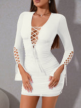 Lace Up Front Ruched Mesh Bodycon Dress