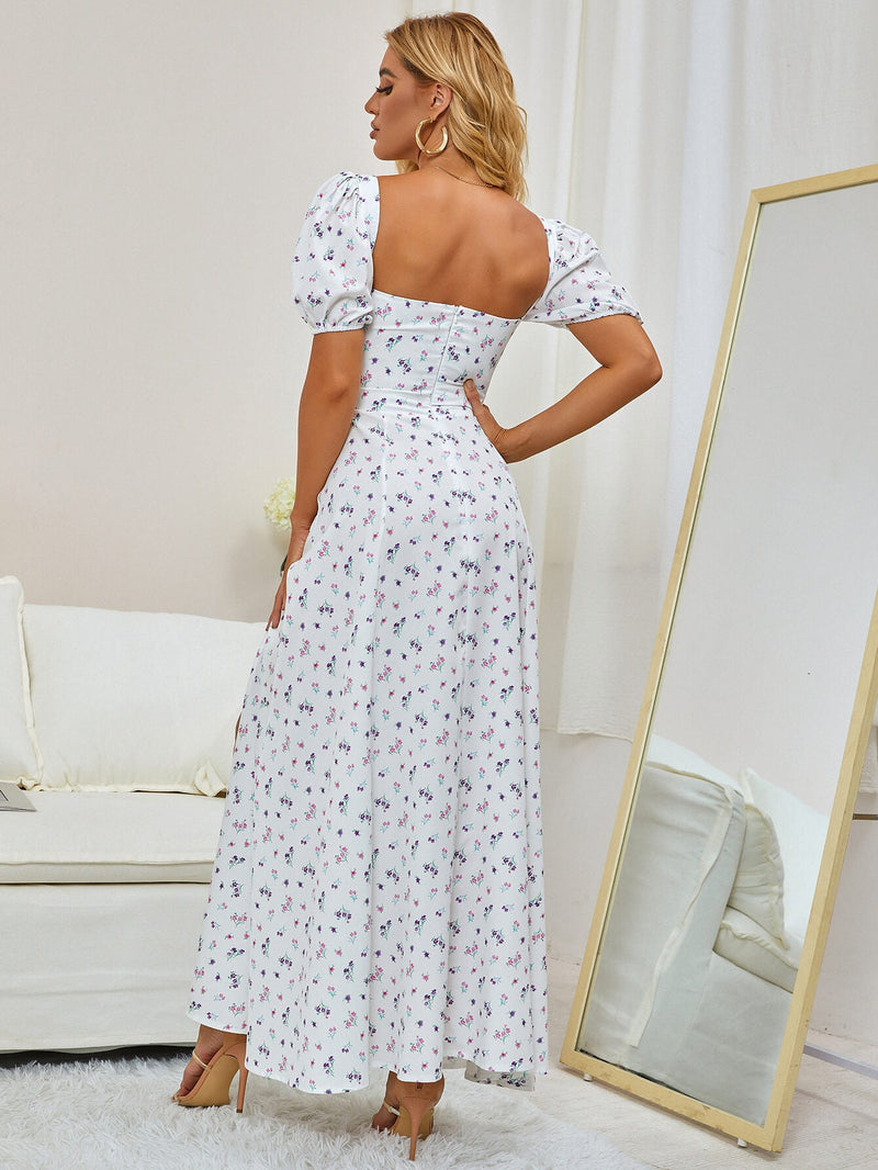 Puff Sleeve High Split Floral Print Dress