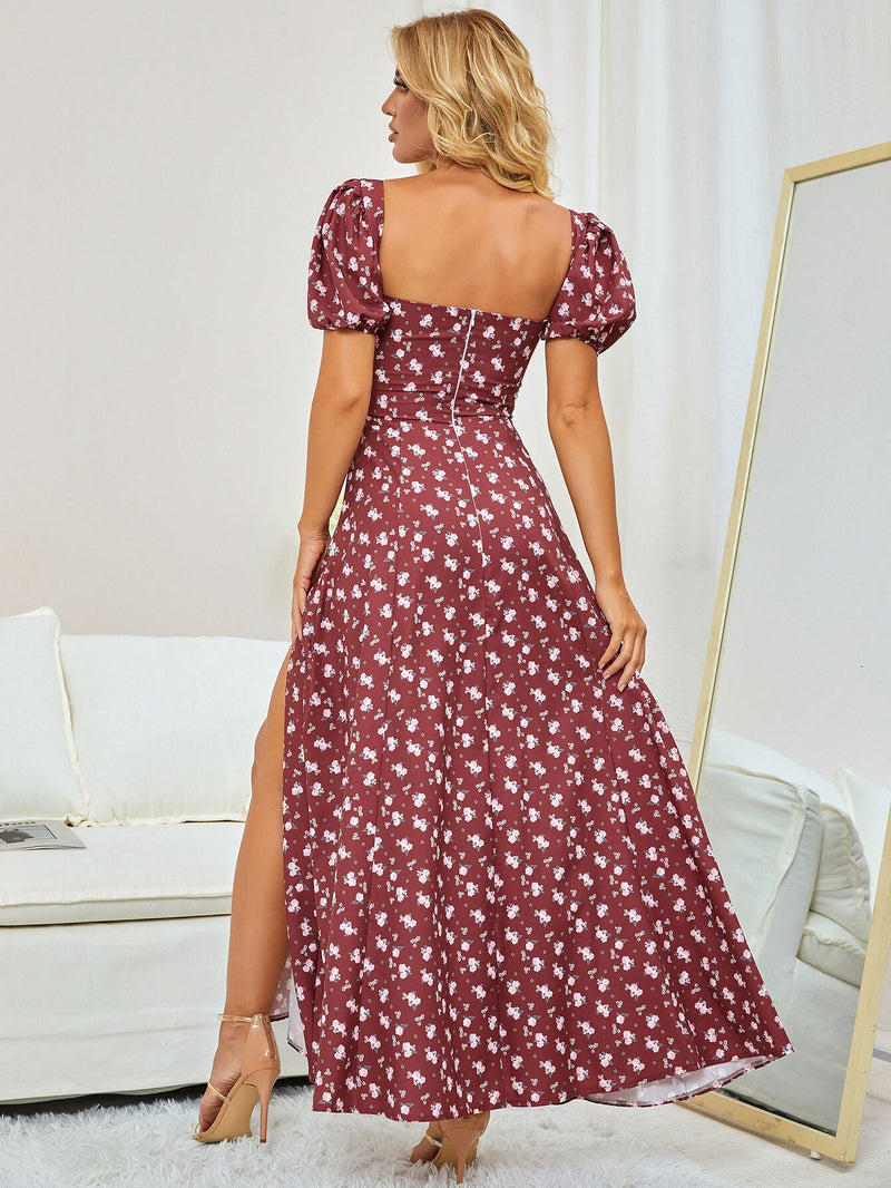 Puff Sleeve High Split Floral Print Dress