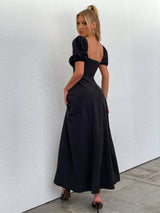 Puff Sleeve Tie Front Off Shoulder Slit Thigh Dress