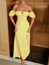 Puff Sleeve Tie Front Off Shoulder Slit Thigh Dress